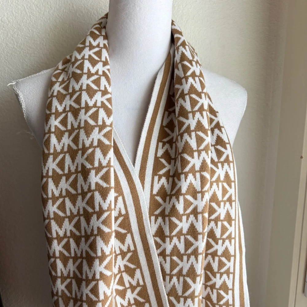 Michael Kors Bordered MK Logo Print Muffler Scarf in Camel Cream